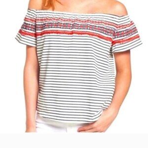 THML Anthropologie Top Off Shoulder Blue White Striped Stripes Large Red Boho